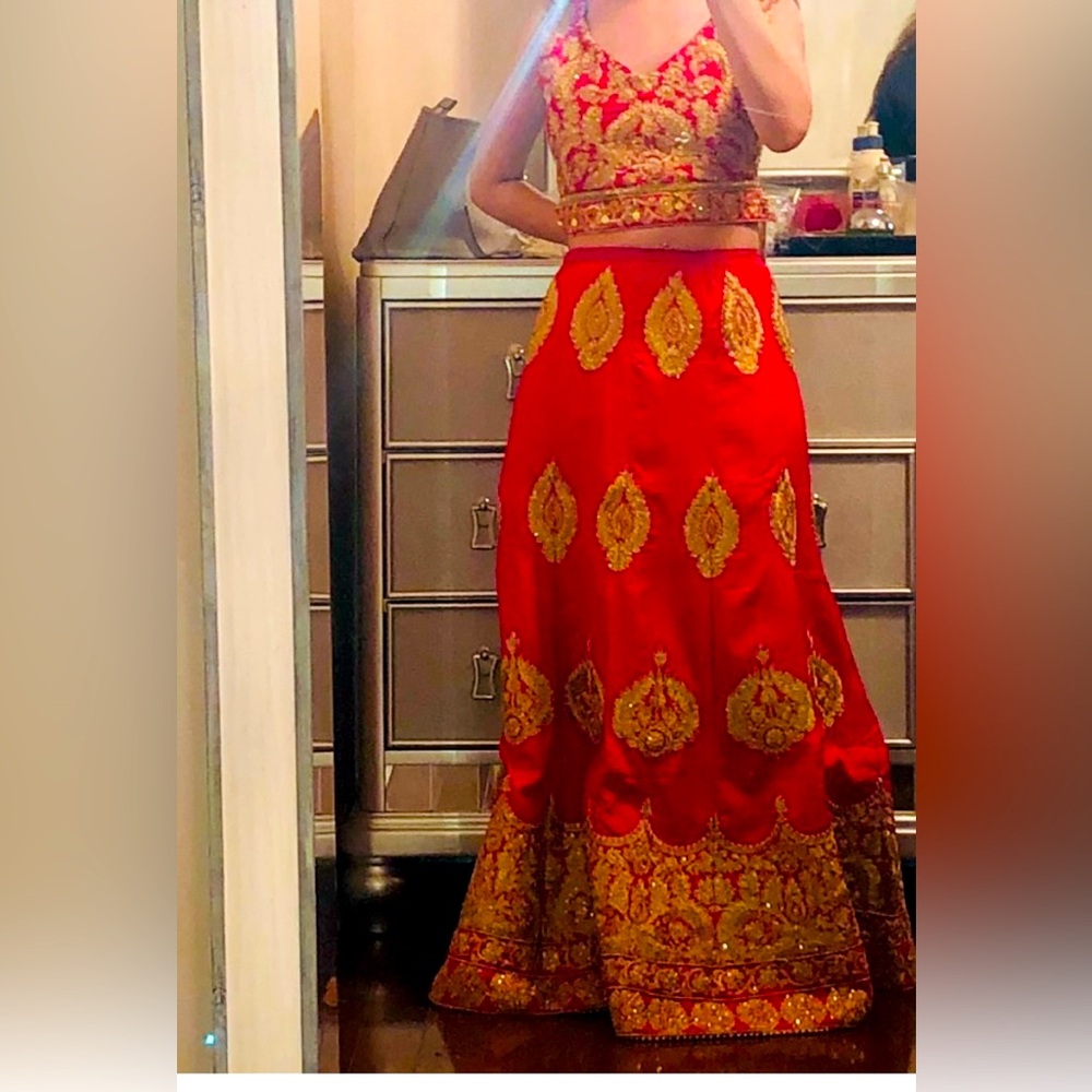 Beautiful Women’s Indian Red Gold Sari . bridal lehenga choli .3 piece
